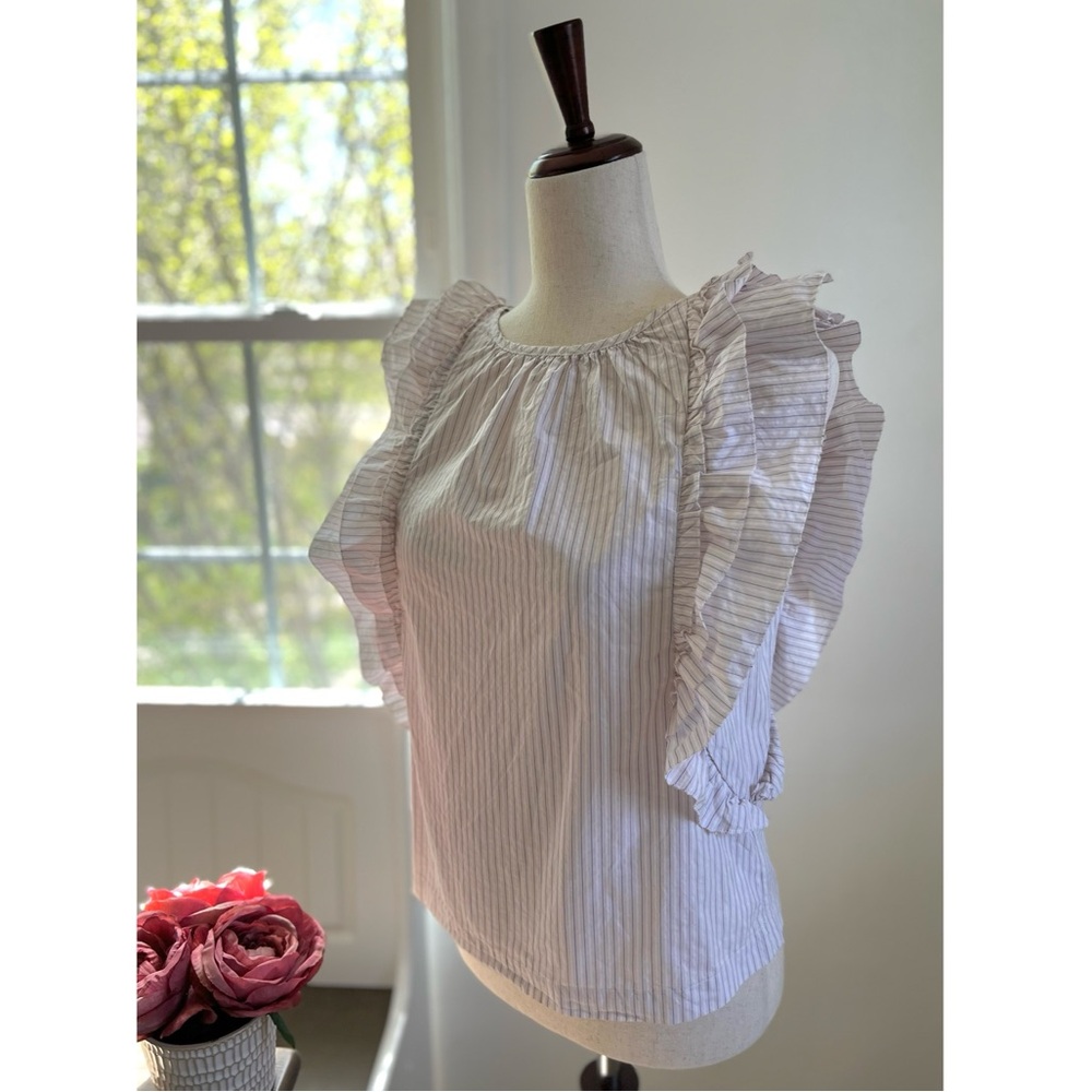 New Bellerose Agathe Striped Flutter Sleeve Pleated Peasant 100% Cotton Top